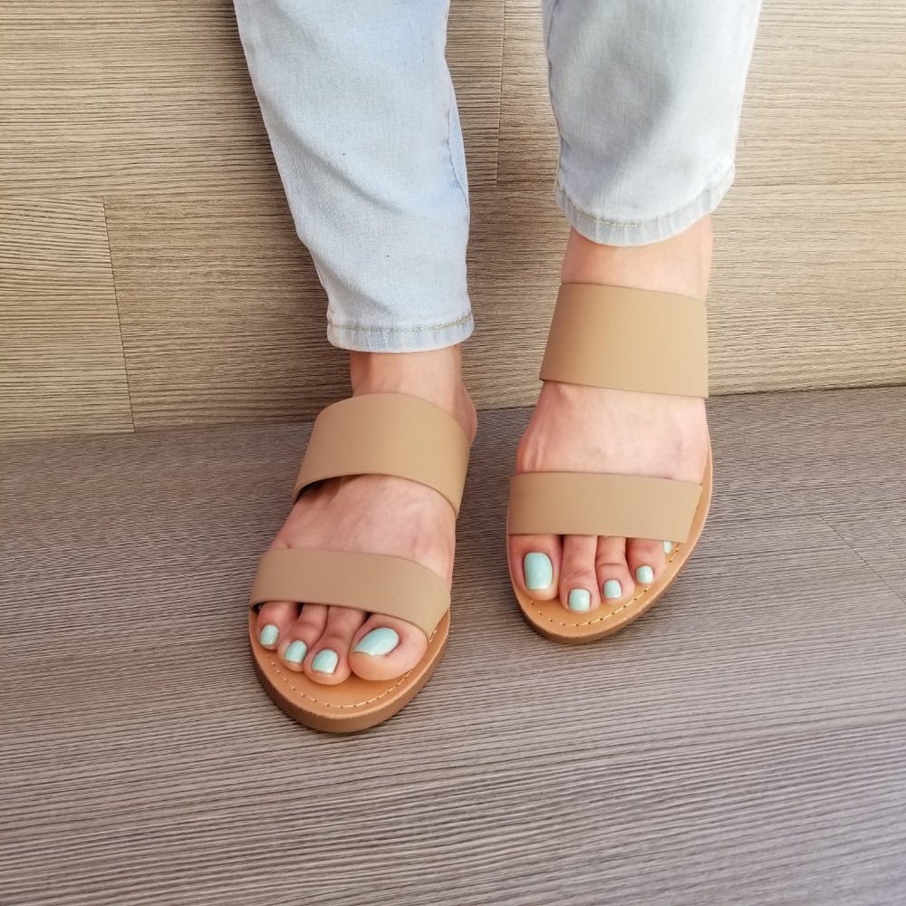 Slip On 2 Strap Flat Sandal Tan Faux Leather-E - Picture 4 of 8